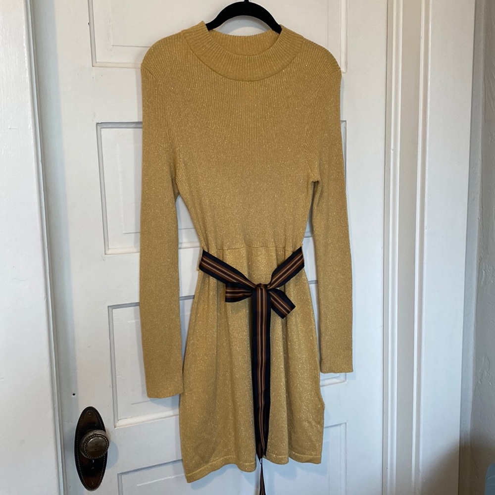 Free People Gold Long Sleeve Knit Dress with Striped Waist Tie